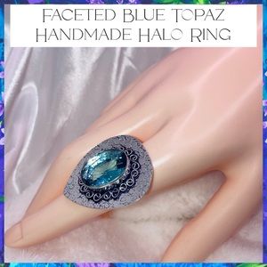 Faceted Blue Topaz Gemstone Handmade Halo Ring